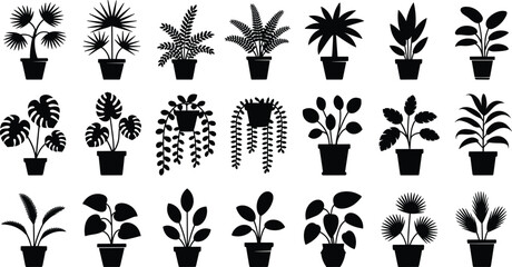 Vector set of indoor potted plant silhouettes, minimal black icons of houseplants with various foliage shapes for botanical illustration, home decor and gardening design