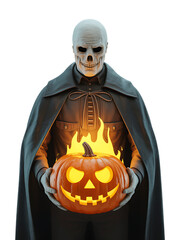 Spooky skeleton figure holding a flaming jack o lantern isolated on transparent background