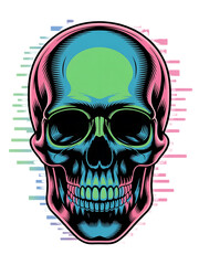 Vibrant neon skull illustration with abstract glitch effect isolated on transparent background
