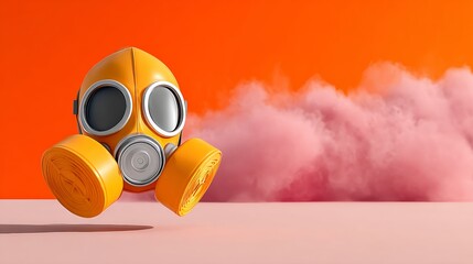 Bright orange gas mask floating above a pink smoke cloud against a vivid orange backdrop, showcasing a striking contrast and highlighting themes of safety and protection in a surreal environment