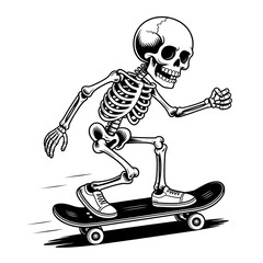 Whimsical skeleton skater riding a skateboard with a grinning skull isolated on transparent background