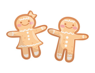 Set of Christmas holiday traditional biscuit vector illustrations Cute gingerbread man and woman.