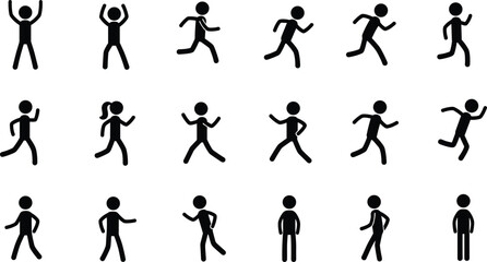 Stick figure running, walking, jumping poses, exercise stickman silhouette set, human movement icon pack, fitness, workout, sports activity pictogram collectionWeb