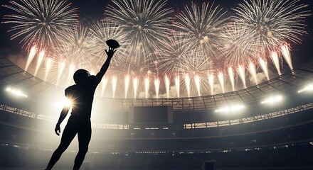 American football player silhouette makes a spectacular catch in a stadium with a grand fireworks display at night.