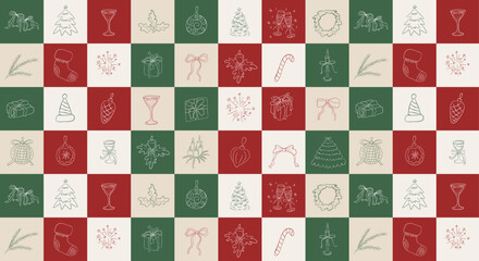 Vintage minimalist seamless pattern with  hand drawn bows, gifts, christmas tree, glasses, wreaths, toys.. Vector outline elegant background in retro coquette aesthetic. 
Funny Christmas background