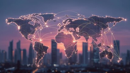 A digital map of the world with glowing connections between cities. - Powered by Adobe