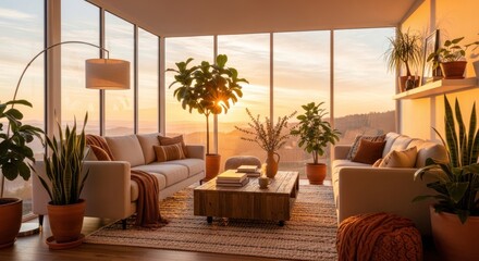 Fototapeta premium Modern living space is bathed in warm sunlight, featuring comfortable sofas, a wooden coffee table, and abundant potted plants, creating a serene, inviting interior with a scenic view through large...