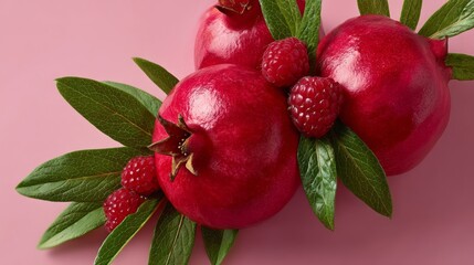 Obraz premium Vibrant pomegranates and fresh raspberries arranged artistically with lush green leaves on a soft pink background, showcasing the beauty of nature's bounty and the allure of healthy eating