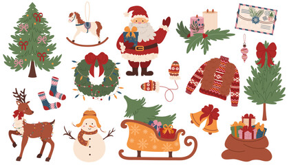 Set of Christmas elements. Traditional cozy winter decor for holidays. New Year and Christmas decorations. Colored flat hand-drawn illustrations on white background. Vector stickers or clip art set.