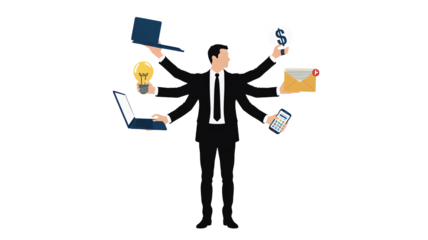 Multitasking businessman masterfully handles laptops, ideas, mail, and finances with incredible efficiency and focus