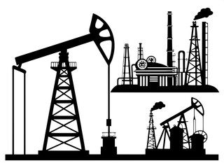 “Industrial machinery silhouettes in flat style, featuring oil rigs, refinery plants, and smokestacks, stark black shapes on white backdrop.”