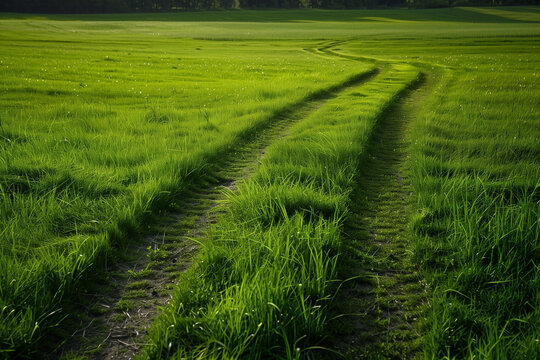A lush green field, bathed in sunlight, features prominent tire tracks cutting a path through the tall grass. The scene evokes a sense of serenity and the beauty of rural landscapes.