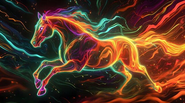 A vibrant neon horse galloping through a cosmic energy field.