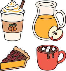 Cozy autumn treats pumpkin pie latte apple cider hot chocolate vector Hand drawn