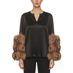Elegant black satin blouse styled with luxurious soft brown fur sleeves