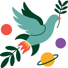Peaceful dove with olive branch and cosmic elements vector Hand drawn