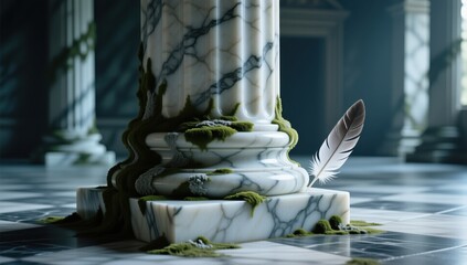 Ancient marble column with feather abandoned temple 3d render serene atmosphere