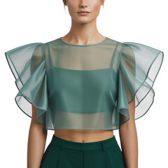 Green sheer blouse designed with layered ruffle sleeves and fitted crop style