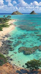 A tranquil tropical beach scene showcases a vibrant turquoise ocean, with two volcanic islands rising majestically in the distance.