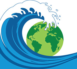 Giant wave crashing over planet earth environmental crisis vector Hand drawn