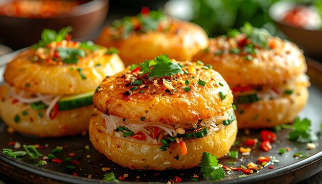 Golden rice buns filled with fresh vegetables