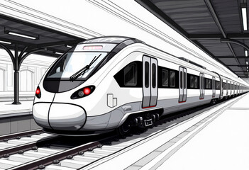 Metro train sketch. Fast modern express passenger train on high speed railway station