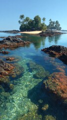 Tranquil island paradise with crystal-clear turquoise water and lush tropical vegetation, showcasing a serene beach scene amidst dark volcanic rocks.
