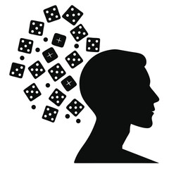 Silhouette of a person s head with dice and dots floating out isolated on white background