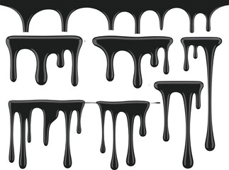 Smooth paint drip vector set, glossy slime border, liquid drop effect, leaking ink, dripping frame, cartoon goo, horror design