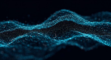 Abstract digital waveform blue particles flowing on black background