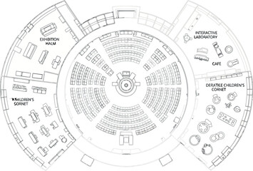 Vector art of floor plan of a circular building with seating, exhibition, and cafe areas