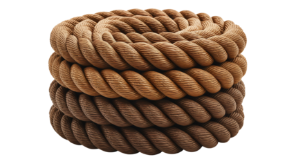 Thick, sturdy braided rope coiled tightly, showcasing natural texture and strength for nautical, adventure, or industrial themes.
