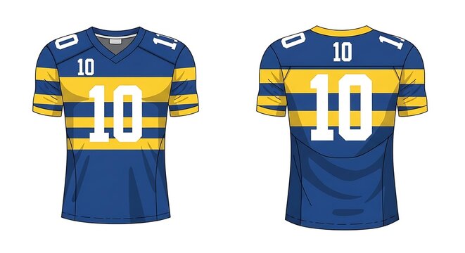 Blue and yellow striped sports jersey with number 10, front and back views, vector illustration.