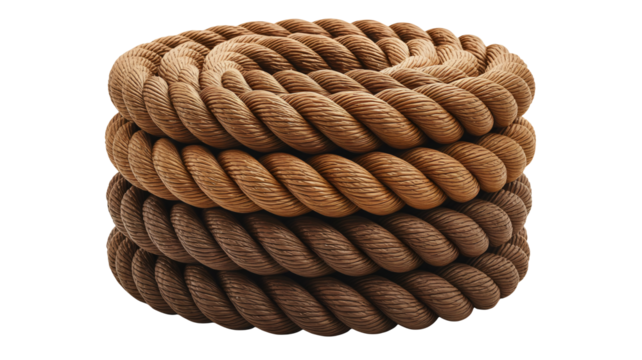 Thick, sturdy braided rope coiled tightly, showcasing natural texture and strength for nautical, adventure, or industrial themes.