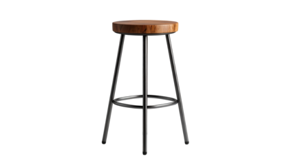 Modern design high stool featuring a circular wooden seat atop sleek metallic legs with a footrest, set against a dramatically dark black background, highlighting the chair's structure.