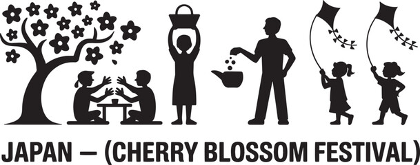 Cherry blossom festival, Japan culture celebration, children playing, adults picnic, Japanese festival vector