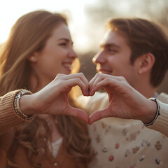 Young Couple Forms a Heart Shape with Their Hands Outdoors During Golden Hour origin graphic