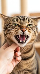 Close-up portrait of a tabby cat showing its teeth and a person's hand petting it; capturing the cat's fierce expression