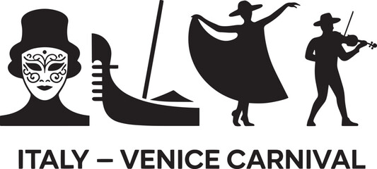 Venice carnival celebration, Italy cultural event, masked person, gondola, dancer, violinist silhouette