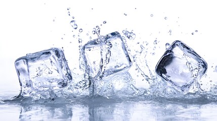 Three transparent ice cubes creating a dynamic water splash.