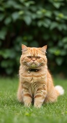 A majestic orange cat with an intense gaze, sitting on a lush green lawn, exhibiting its fluffy fur and a regal posture, set against a blurred green backdrop