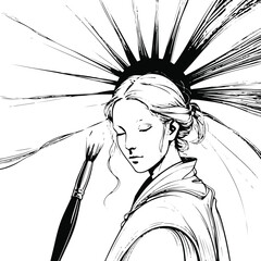 Painter holding a brush with paint stroke forming a sun, black and white vector line art 2