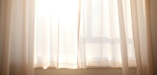 Fototapeta premium Sunlight streams through gauzy white curtains, creating soft shadows on a windowsill, clean, spring