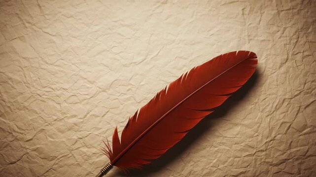 A single red quill pen rests diagonally on a textured beige paper surface in soft lighting