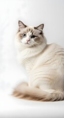 Obraz premium Elegant Ragdoll Cat Portrait A Majestic Display of Beauty and Grace, Showcasing Stunning Blue Eyes and Luxurious Fur, Posing Against a Clean White Backdrop