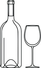 Simple wine bottle and glass outline, black and white vector illustration 2