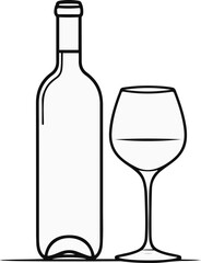 Simple wine bottle and glass outline, black and white vector illustration 1.