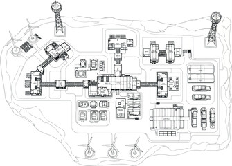 Vector art of topdown blueprint of a sprawling scifi base with interconnected buildings and vehicles