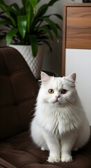 A Fluffy White Persian Cat Sitting Gracefully on a Brown Armchair, Captured in a Bright, Well-Lit Indoor Setting with a Plant in the Background