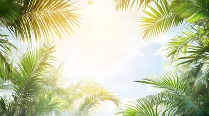 Fototapeta premium Bright Sunlight Through Lush Green Palm Fronds Tropical Background